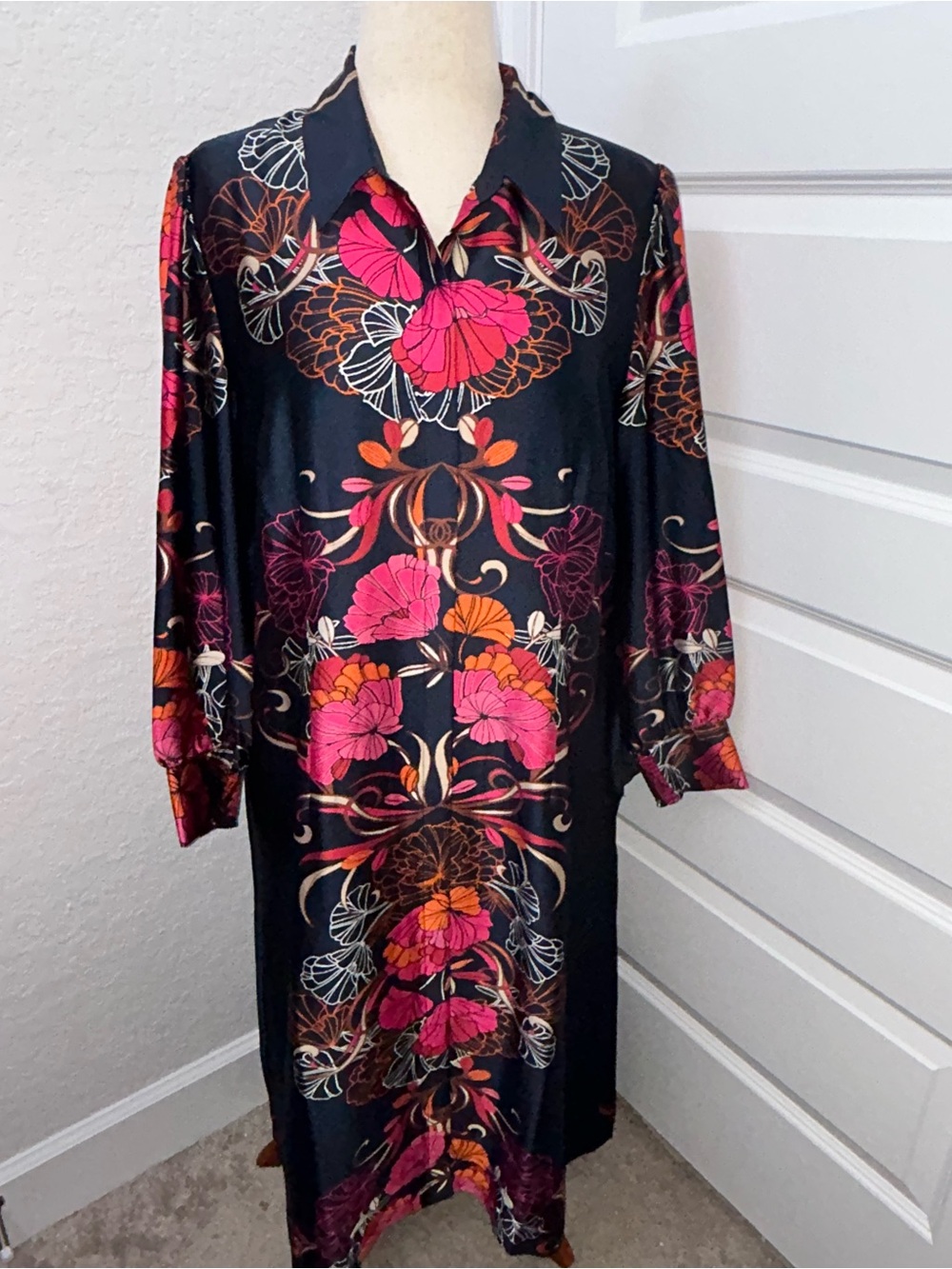 Chico’s Floral Print Button Front Bloussant Long Sleeve Maxi Shirt Dress Chicos